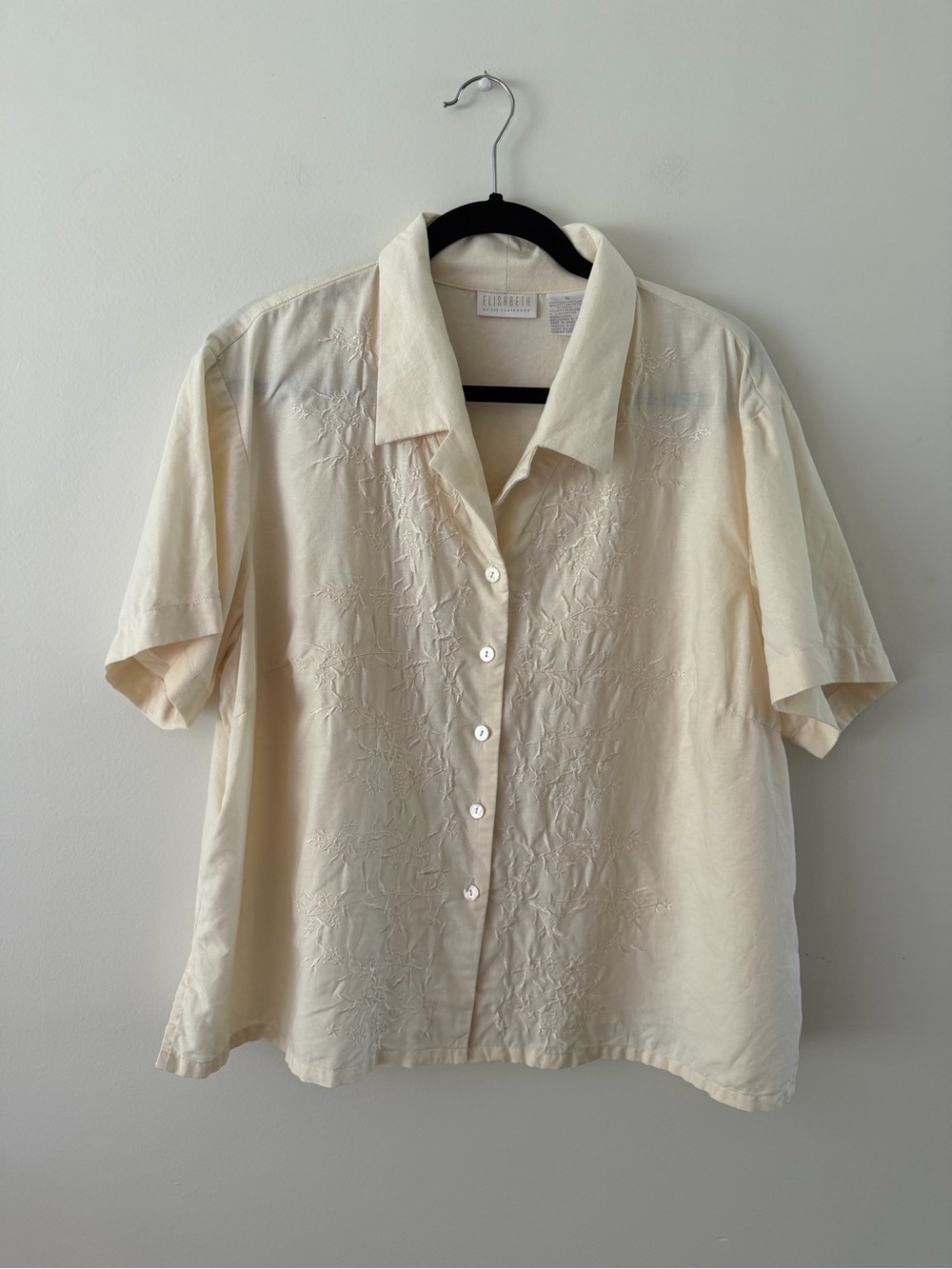 90s Vintage Ivory Linen Cotton Blend Embroider Coastal Cottage Blouse Women’s 18